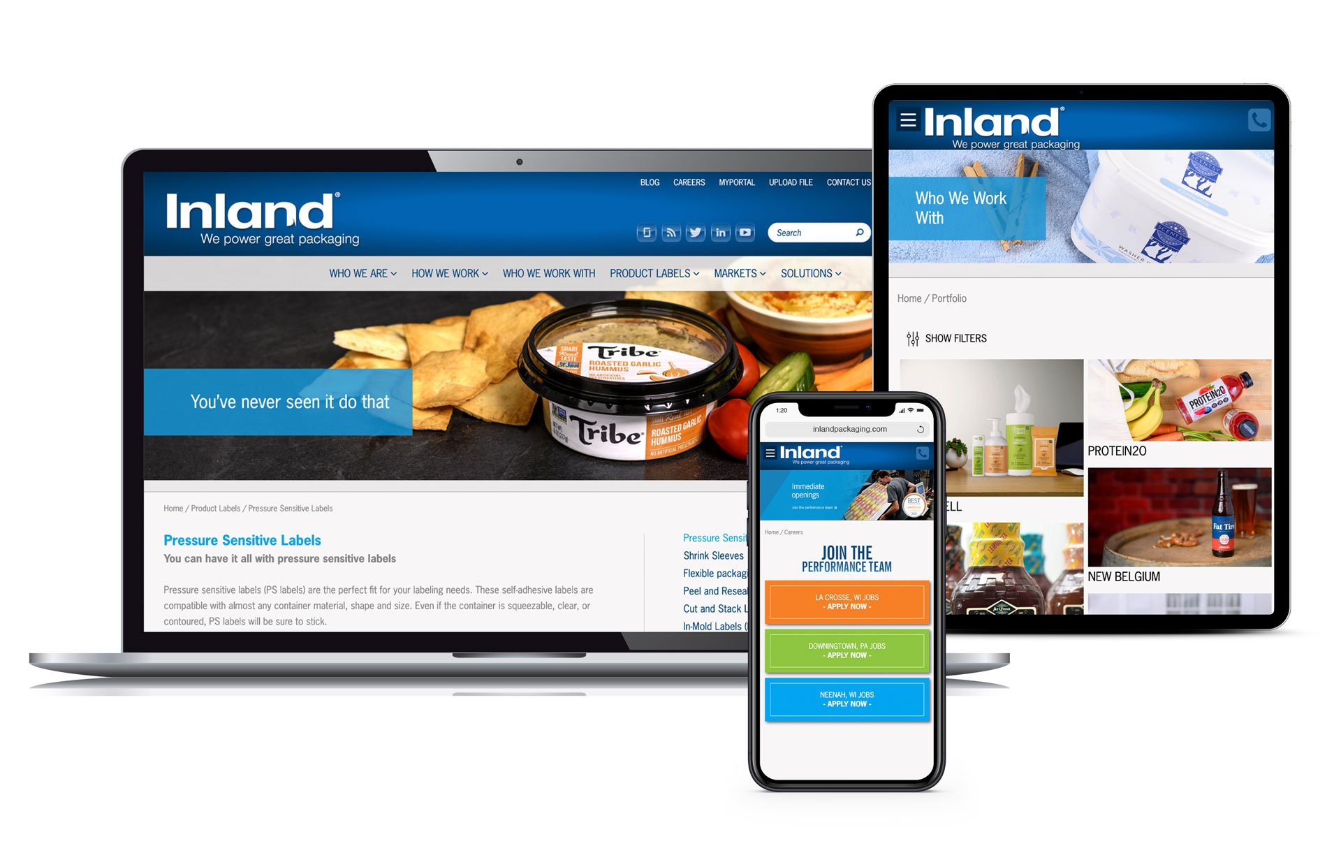 Pages from the Inland Packaging website created by Vendi Advertising displayed on laptop, tablet and phone screens
