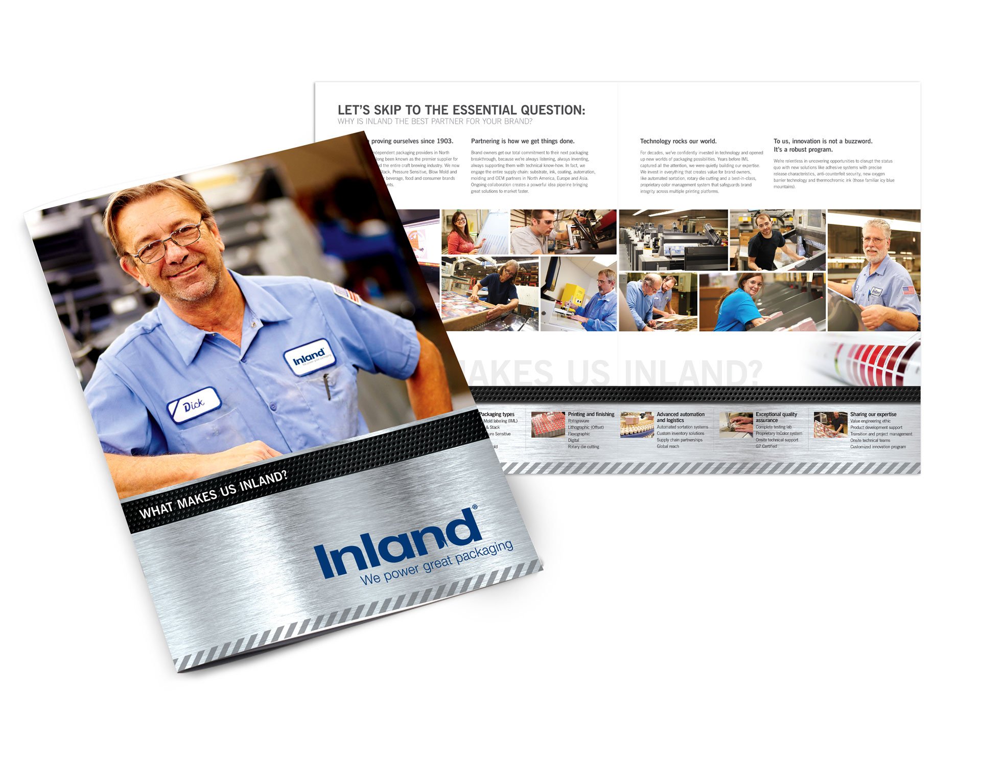 Cover and inside pages of color Inland Packaging brochure describing corporate differentiators and including Vendi photos