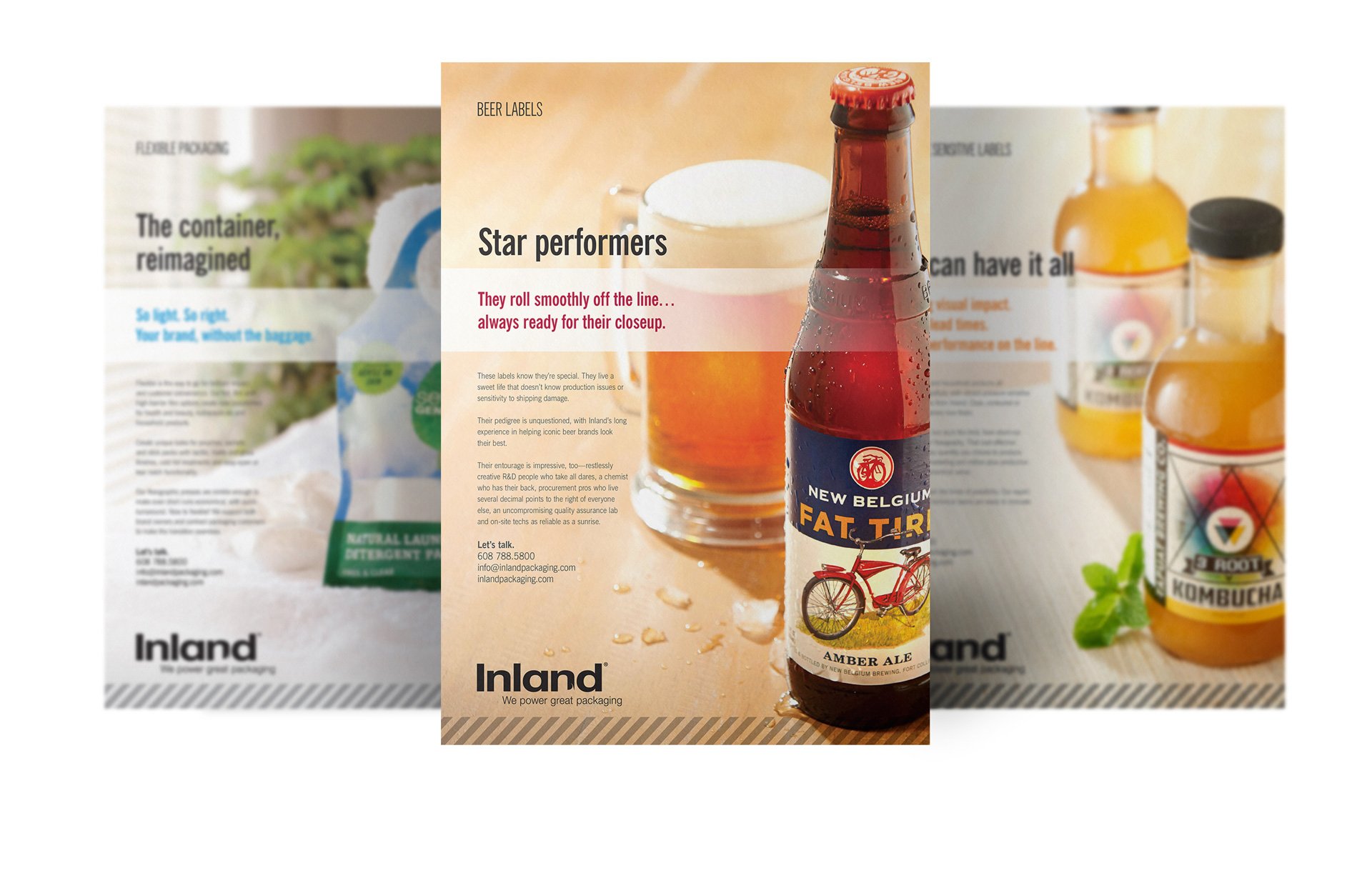 Three full-color Inland Packaging product sell sheets for lightweight packaging and labels, all including Vendi photography