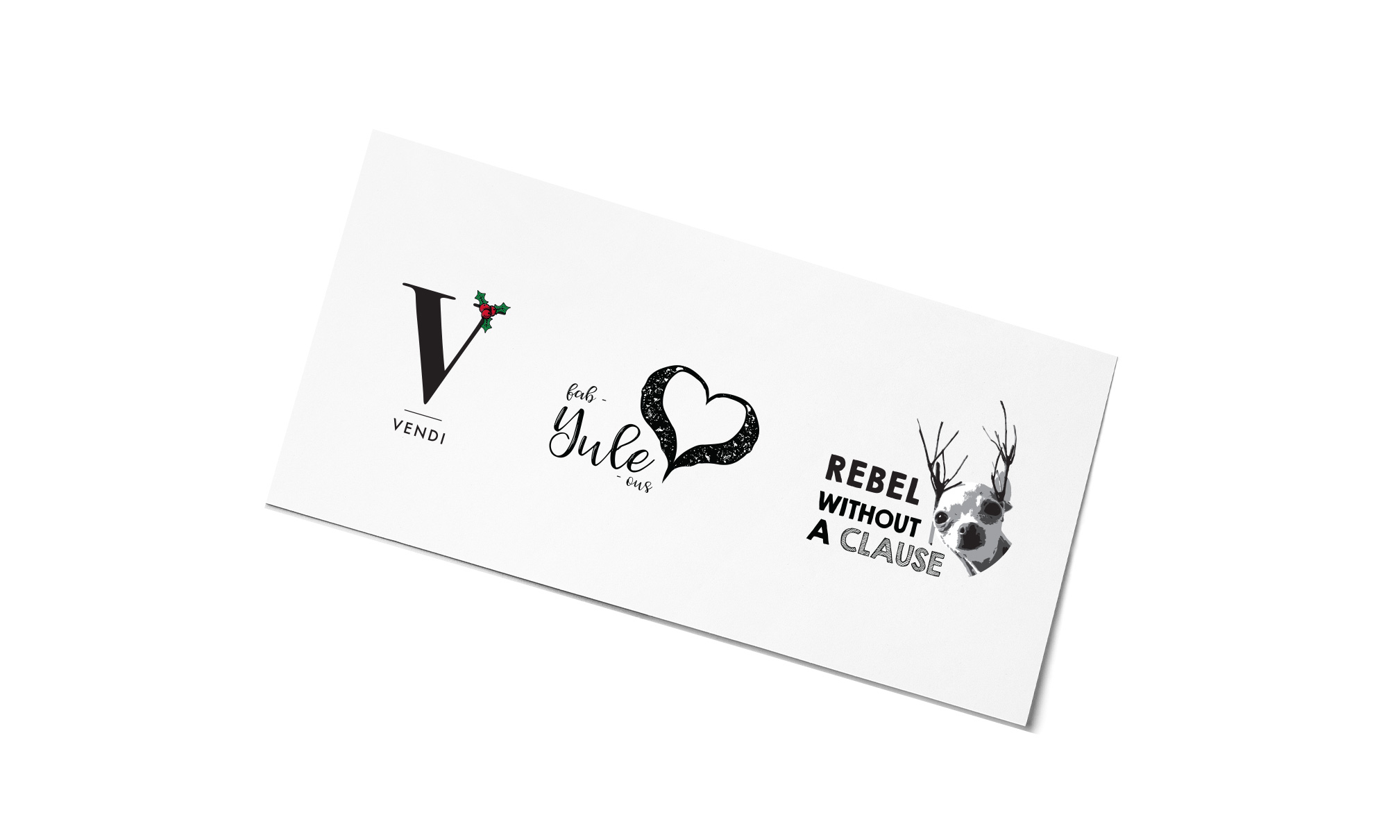 Temporary tats from Vendi’s 2019 card. The Vendi logo with holly, fab-yule-ous with a heart, Jangle rebel without a clause.