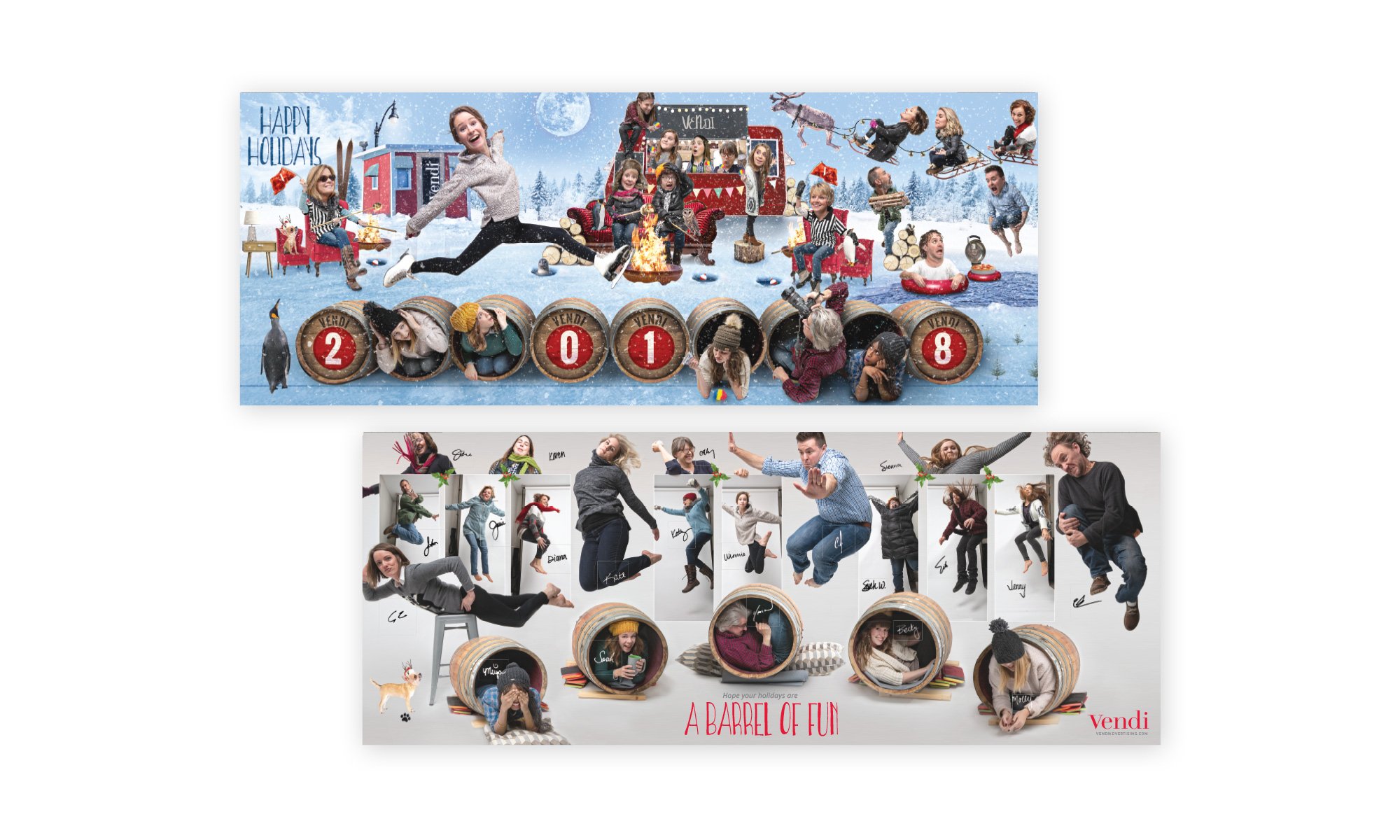 Full front and full back of the 2018 Vendi holiday card, with a winter pond fun/activities theme