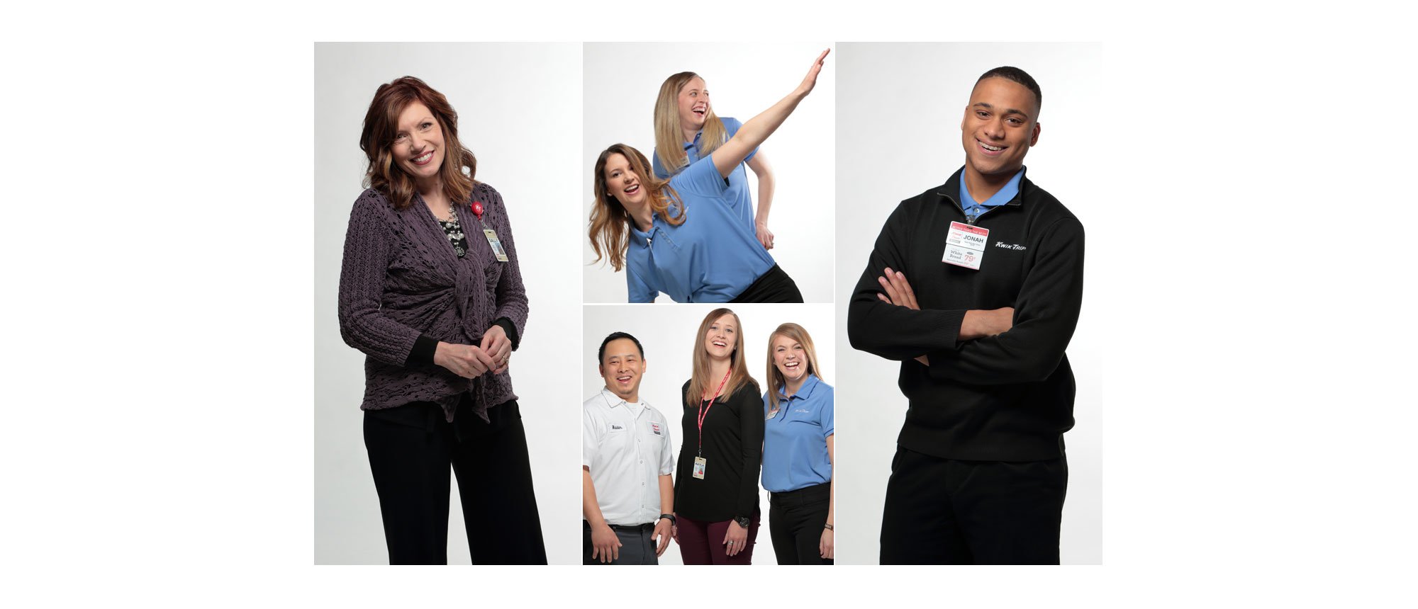 Four casual photos of diverse Kwik Trip employees smiling, having fun, and looking satisfied with their career choice.