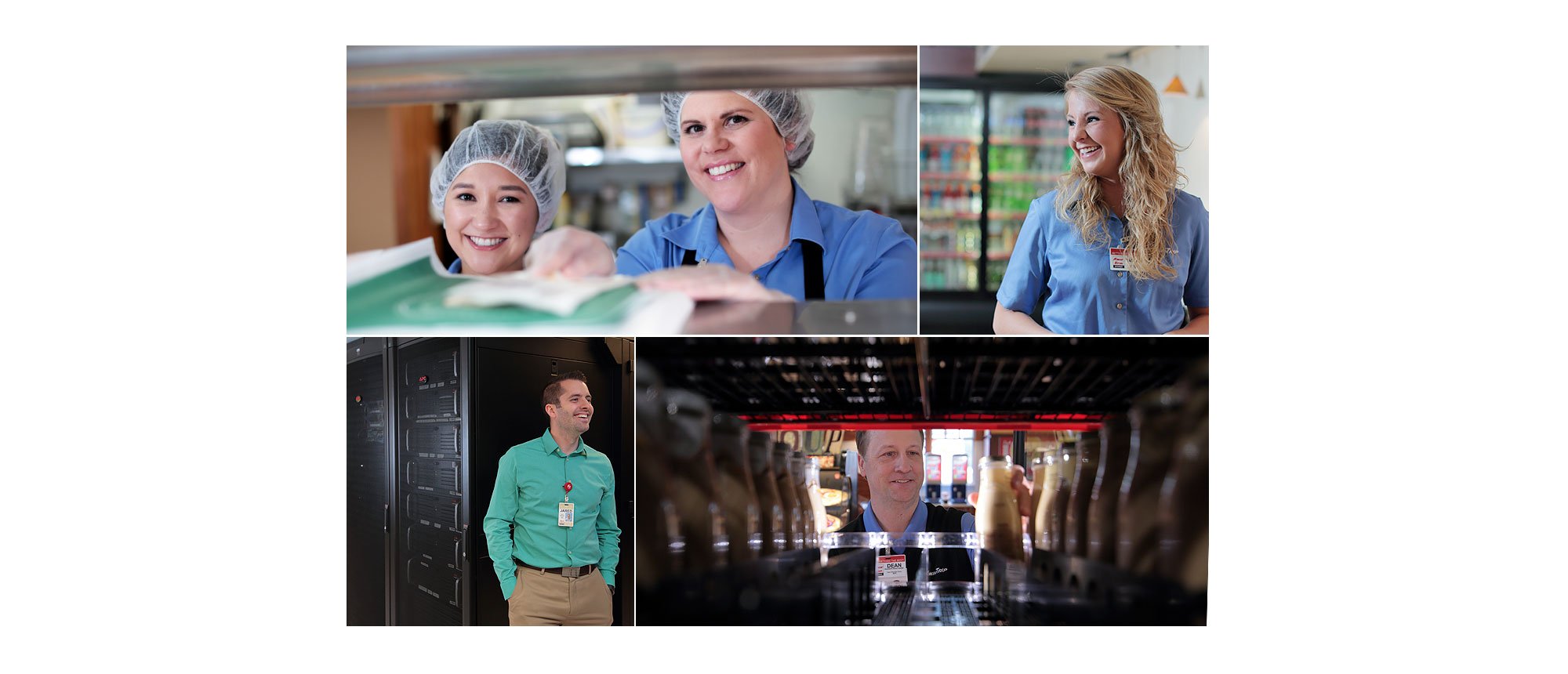 Four photos of Kwik Trip employees. Two women in kitchen, woman in store, corporate young man, man near beverage cooler. 