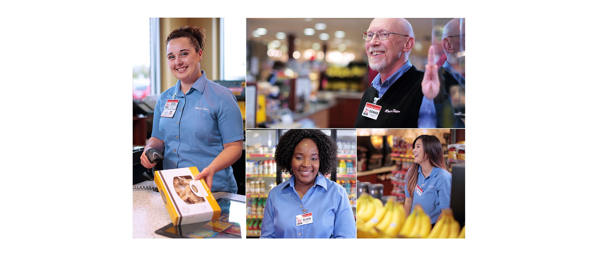 Collage of four Kwik Trip employees of different ages and backgrounds happily performing different tasks within a store
