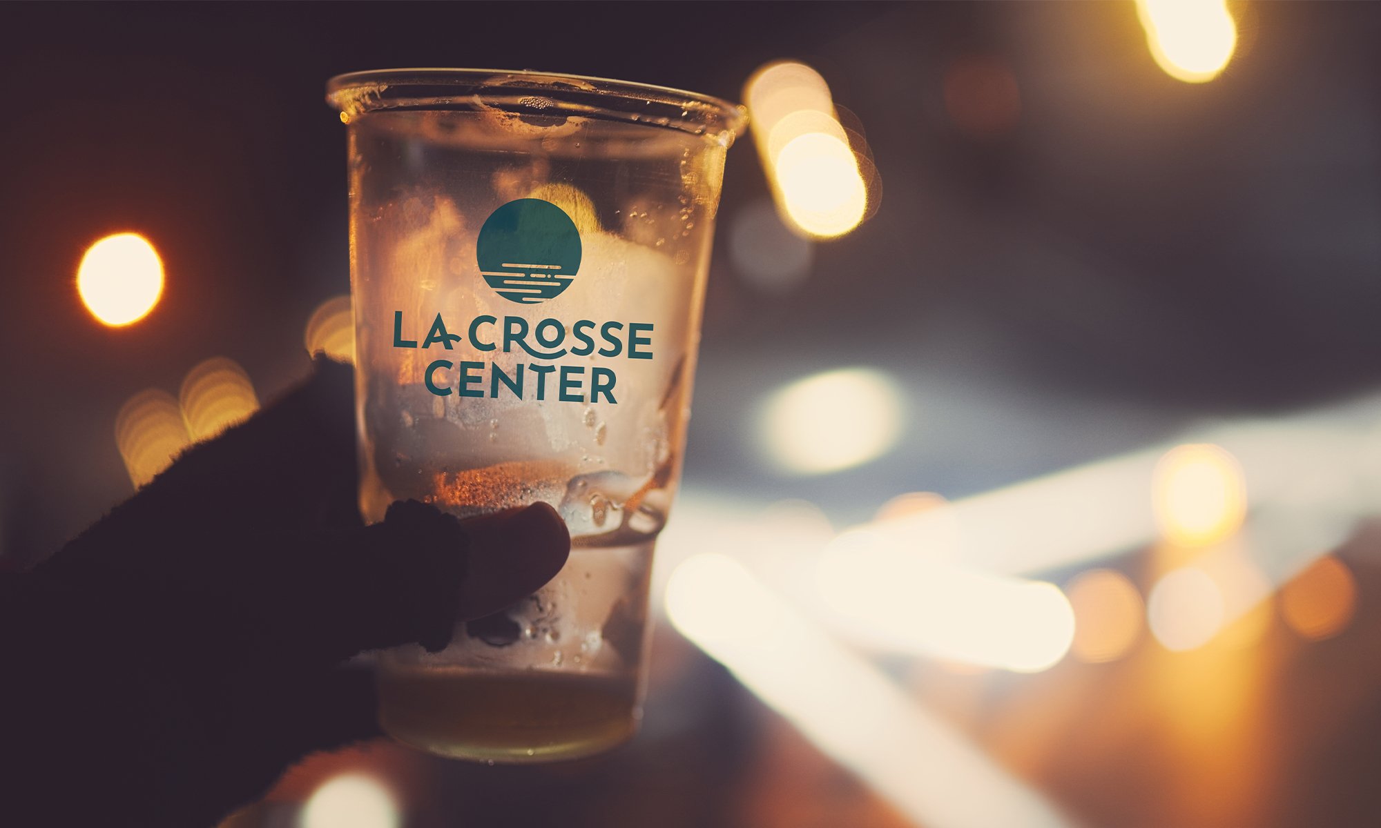 Full-color La Crosse Center brand logo created by Vendi on a plastic cup, demonstrating possible logo placement opportunity