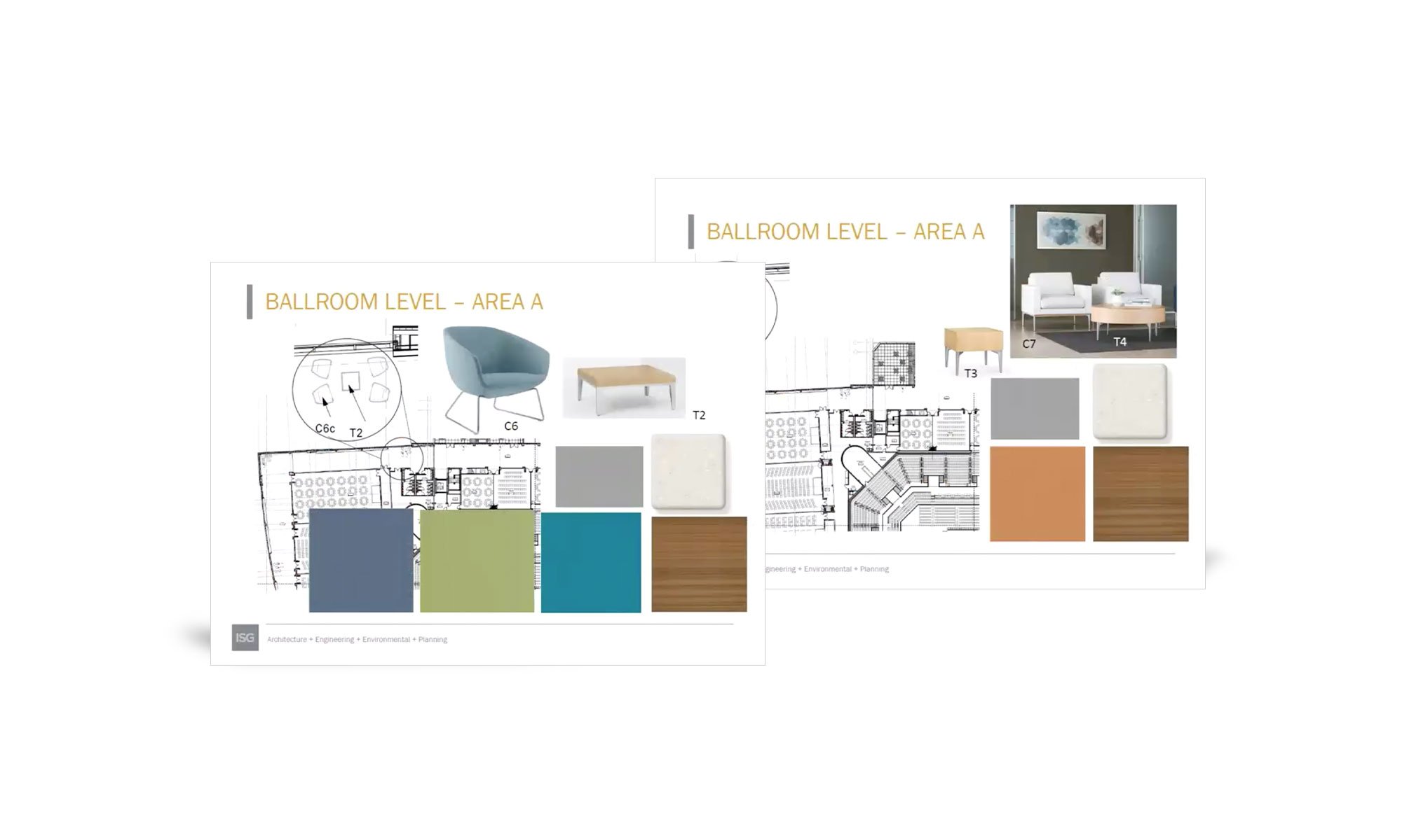 Pages from La Crosse Center renovation interior design plan showing ballroom area color schemes