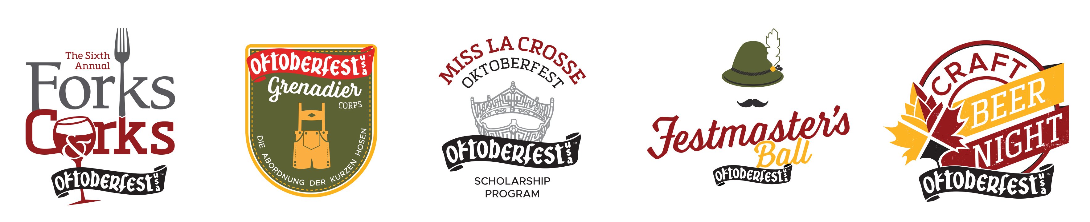 Family of Vendi-created Oktoberfest logos: Forks & Corks, Grenadiers, Miss Oktoberfest, Festmaster’s Ball, Craft Beer Night