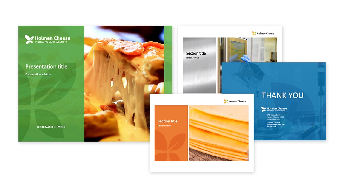 Full-color, customizable Holmen Cheese presentation template slides created by Vendi Advertising