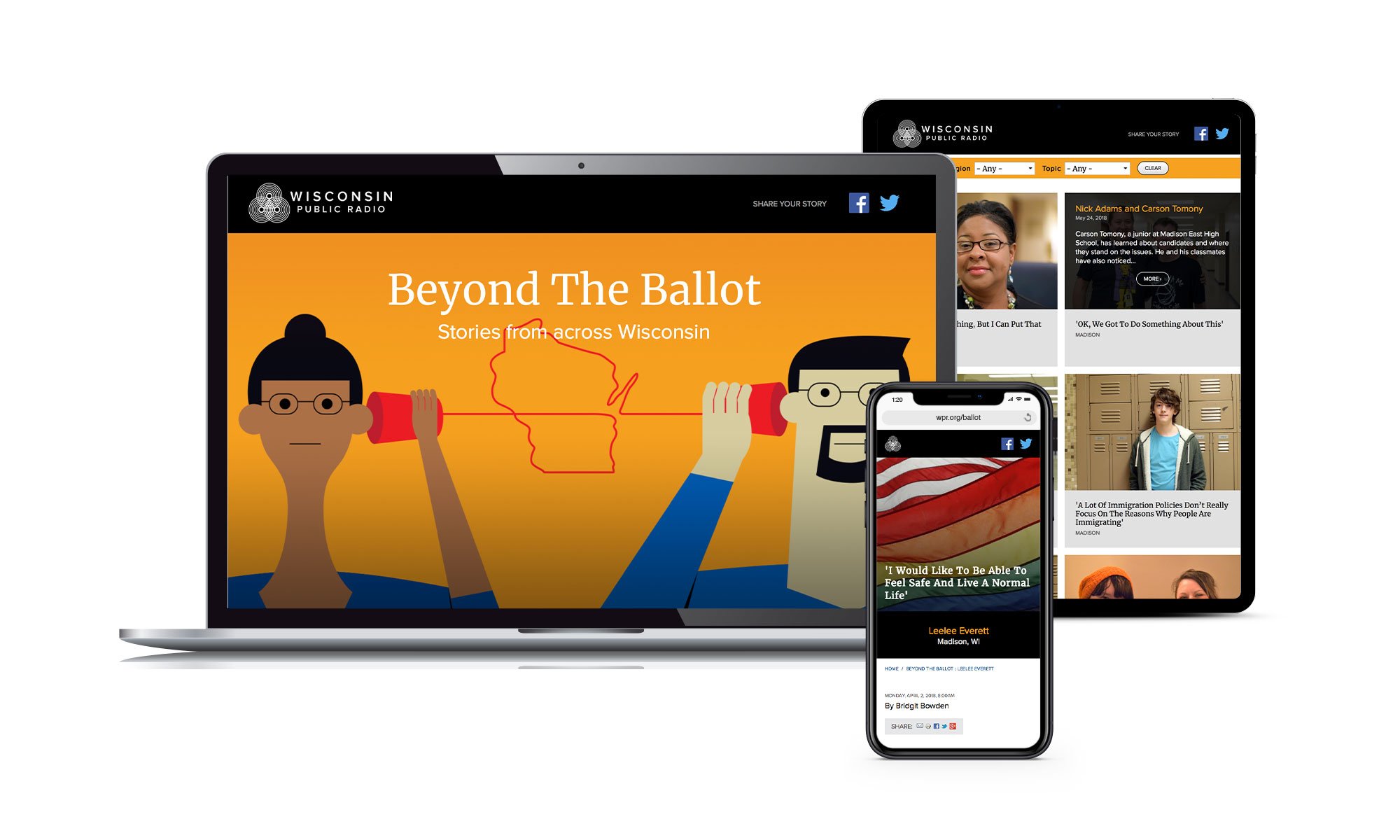Wisconsin Public Radio’s Beyond The Ballot website, created by Vendi, displayed on laptop, tablet and phone screens