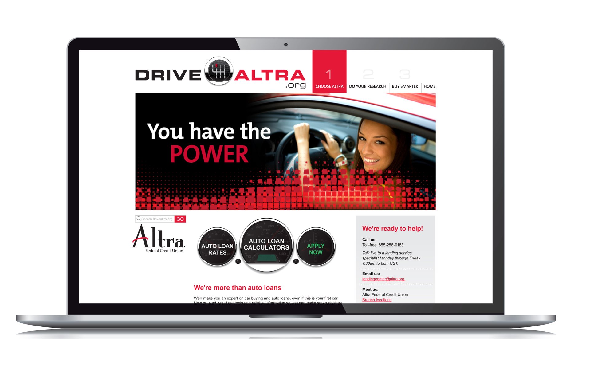 Full-color Drive Altra dot org website home page with you have the power headline created by Vendi and displayed on a laptop
