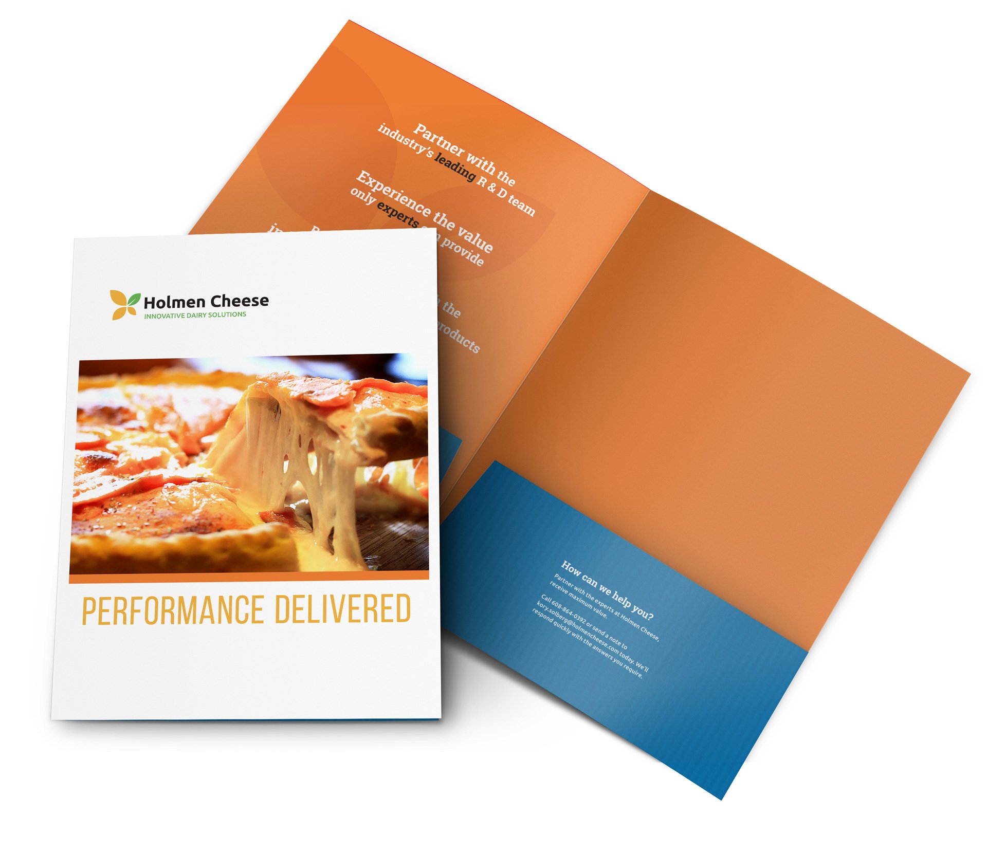 Holmen Cheese 2-pocket, color folder with front pizza photo and performance delivered headline and company attributes inside