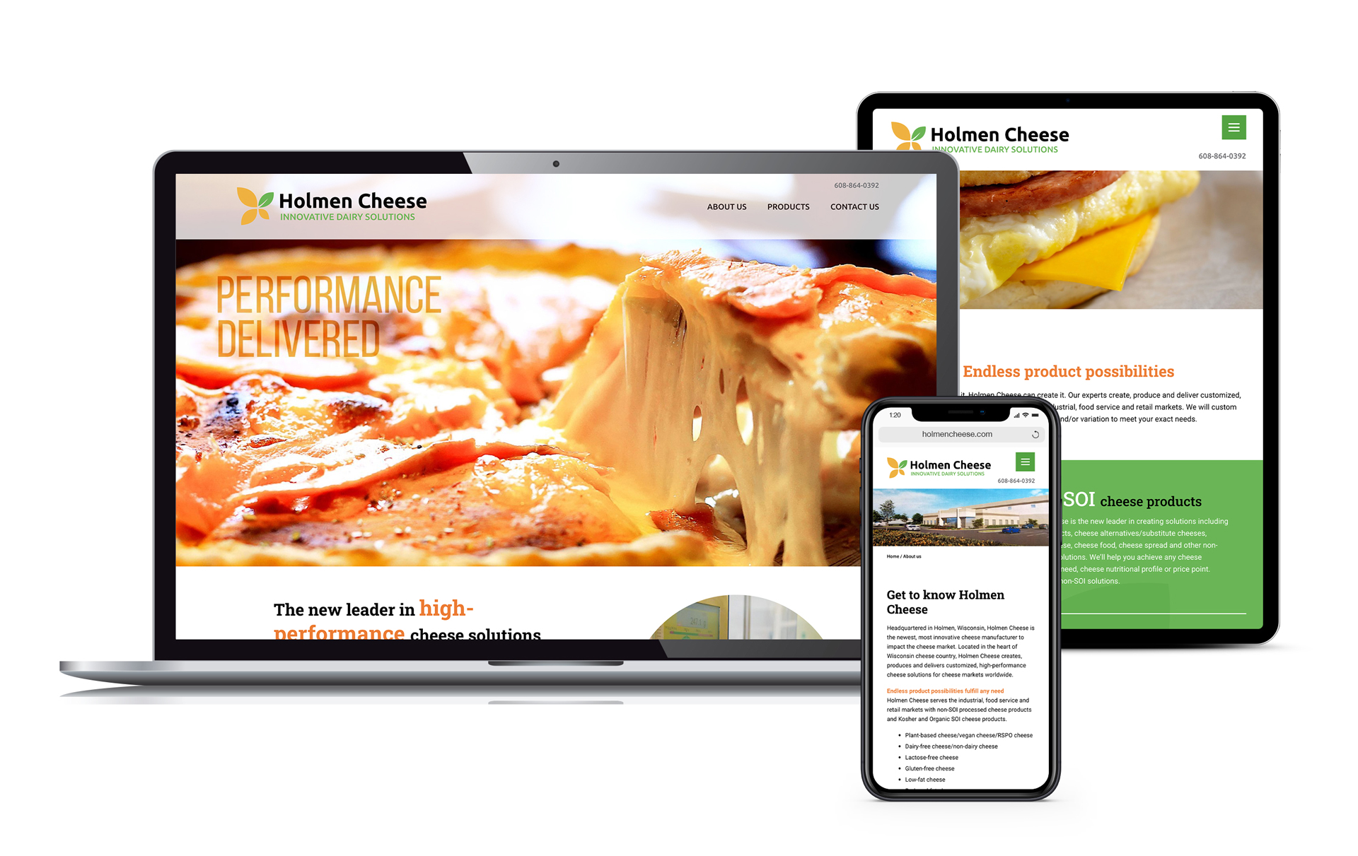 Pages from Holmen Cheese’s WordPress website created by Vendi Advertising and displayed on laptop, tablet and phone screens