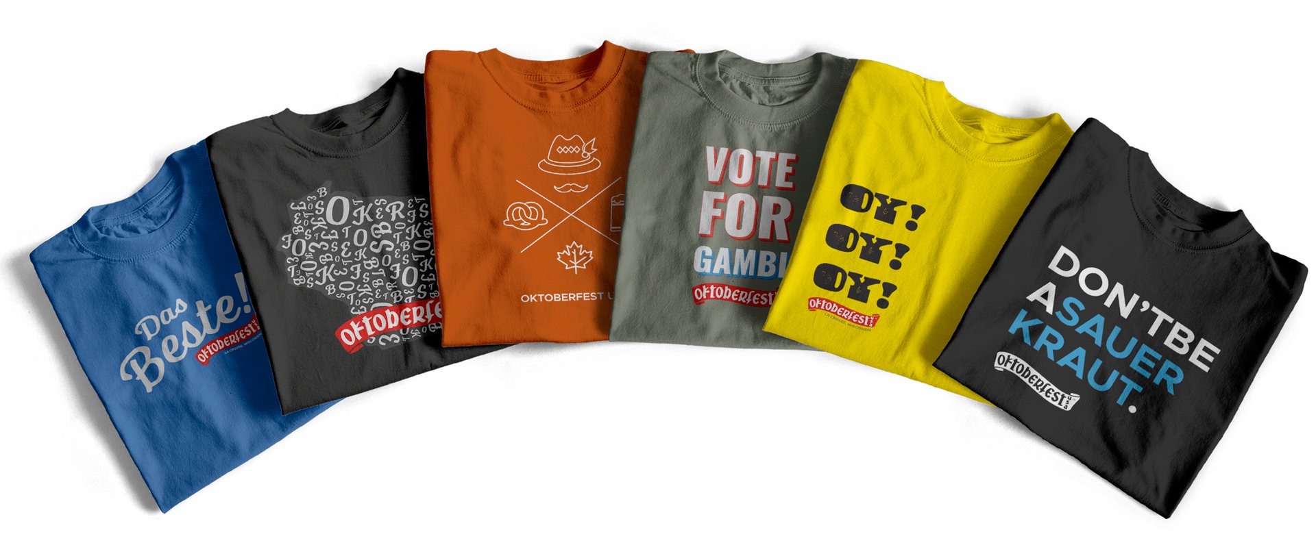 Six Oktoberfest t-shirts in varied colors with designs  created by Vendi that include brand graphics, taglines and logos