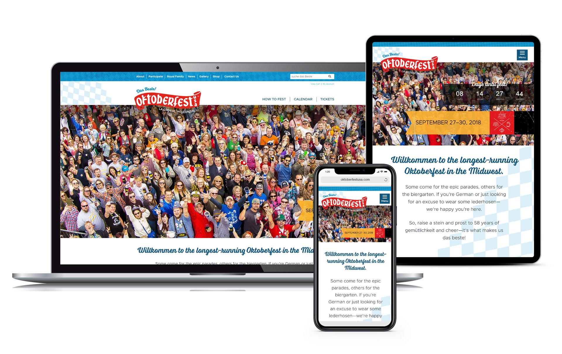 Home page of the Oktoberfest USA WordPress website created by Vendi Advertising displayed on laptop, tablet and phone screens