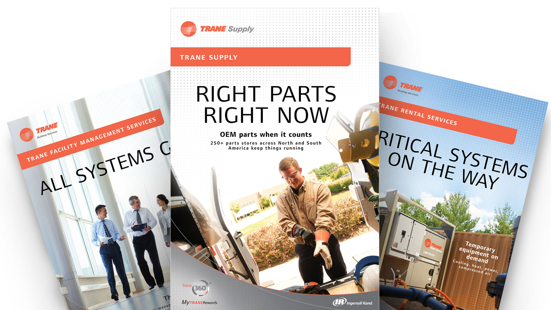 Full-color Ingersoll Rand Trane brochures for facility management services, OEM parts and rental services