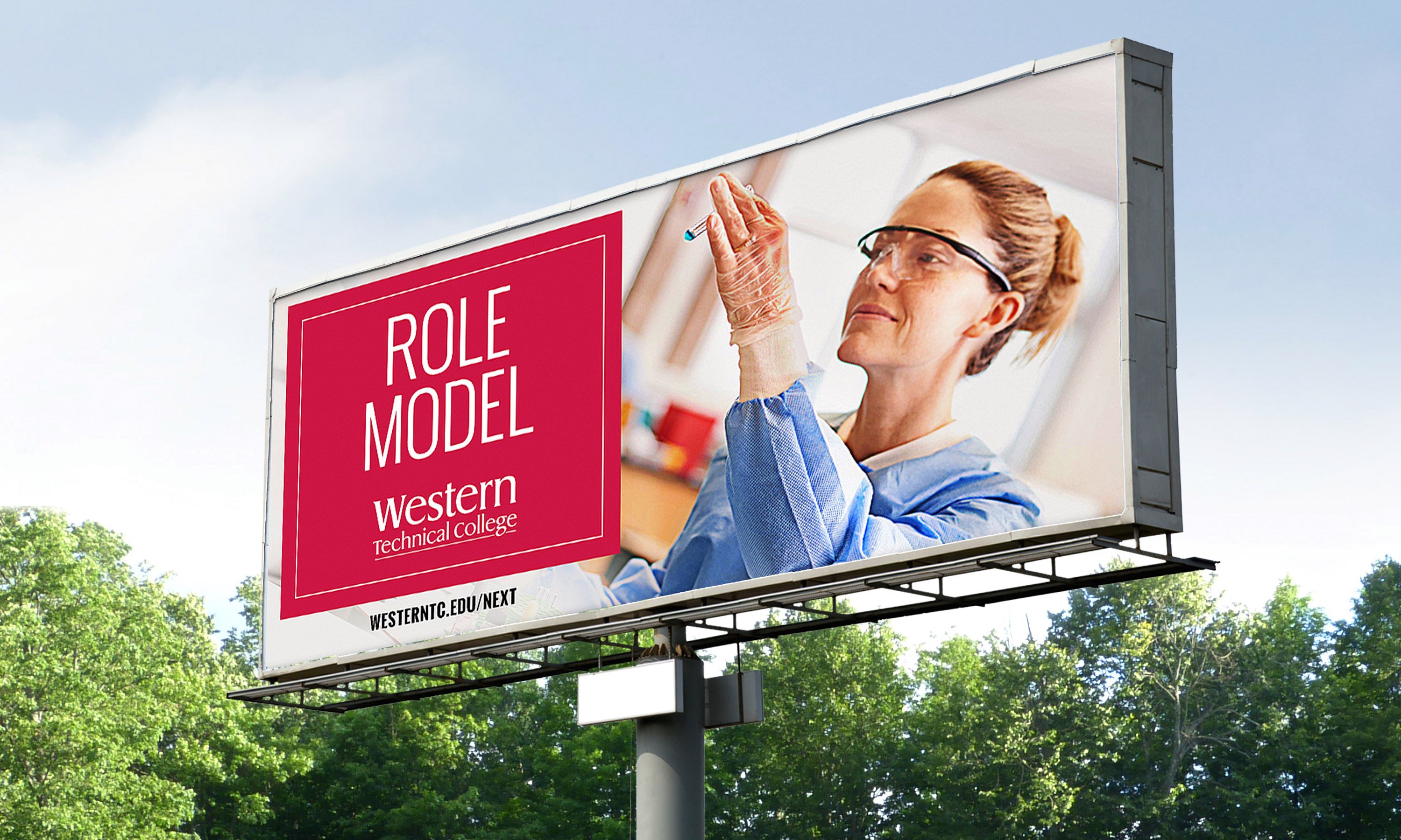 Western Technical College role model billboard with school logo, female student and Western T C dot edu slash next URL