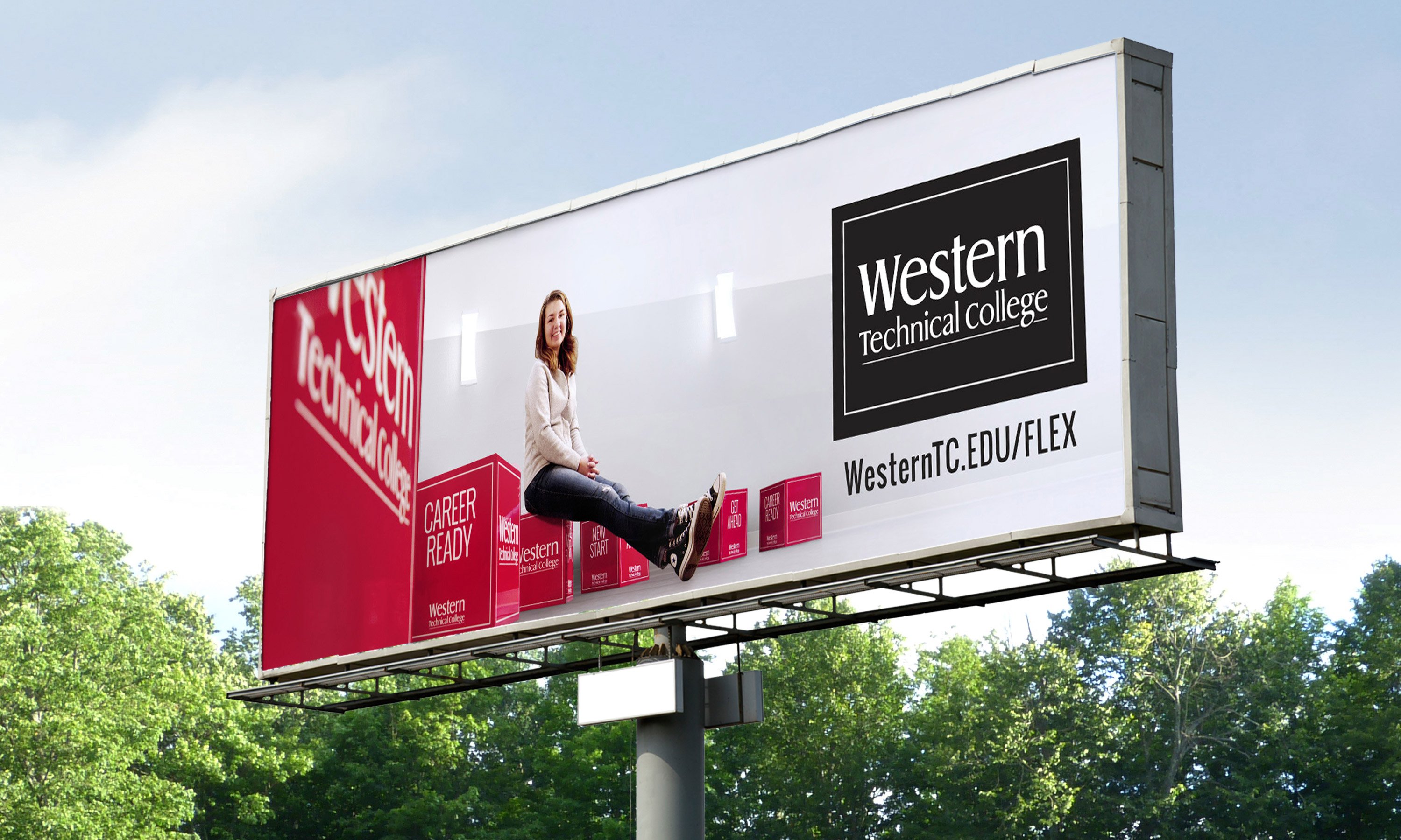 Billboard highlighting Western program flexibility, with school logo, female student and Western T C dot edu slash flex URL