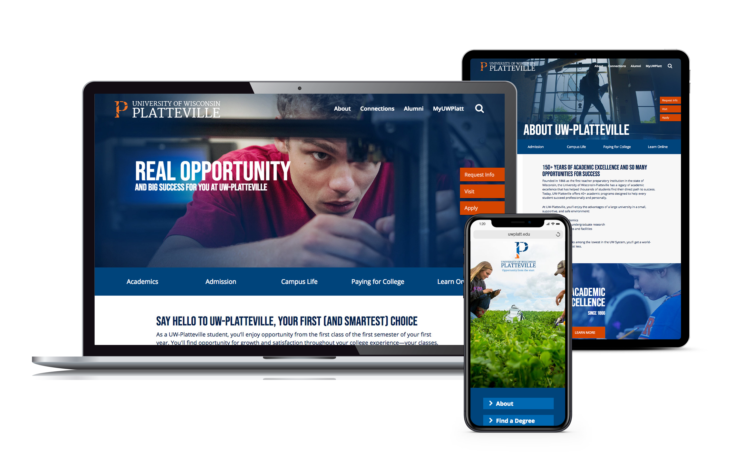 Pages from the University of Wisconsin-Platteville website created by Vendi Advertising displayed on laptop, tablet and smart phone screens
