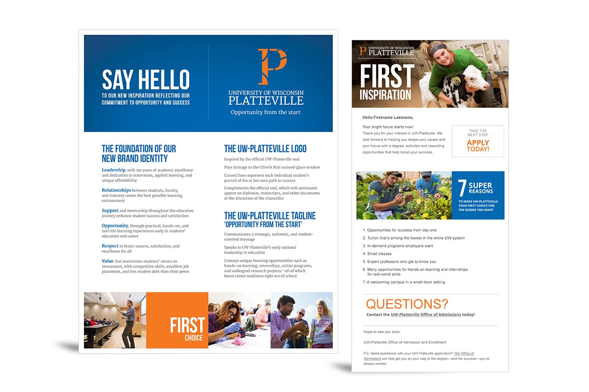 Application and branding description collateral Vendi created for new students at the University of Wisconsin-Platteville
