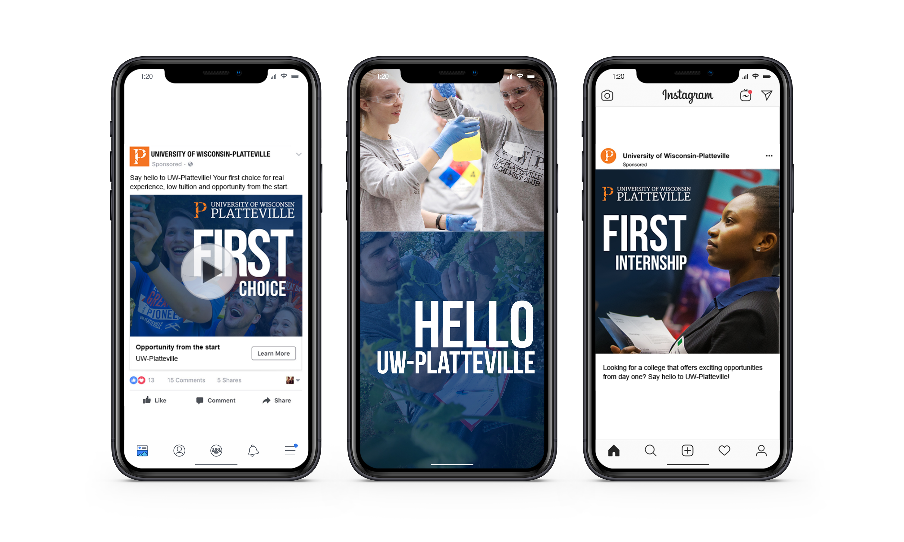 Three UW-Platteville social media ads displayed on mobile phone screens, inviting viewers to learn more