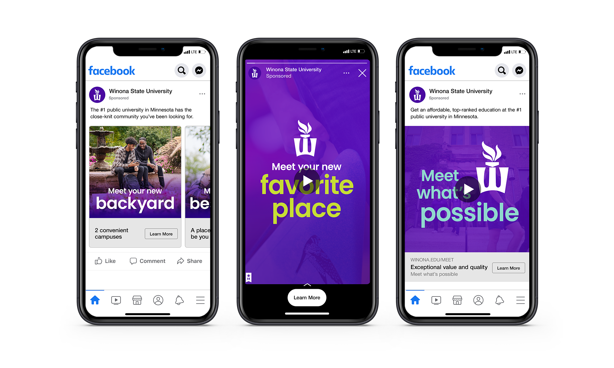 Three Winona State University campaign digital ads with learn more buttons that go to campaign landing page, all displayed on mobile phone screens