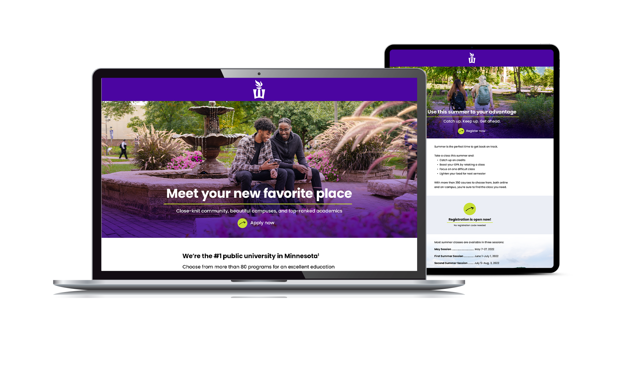Winona State University campaign landing pages created by Vendi Advertising displayed on laptop and tablet screens