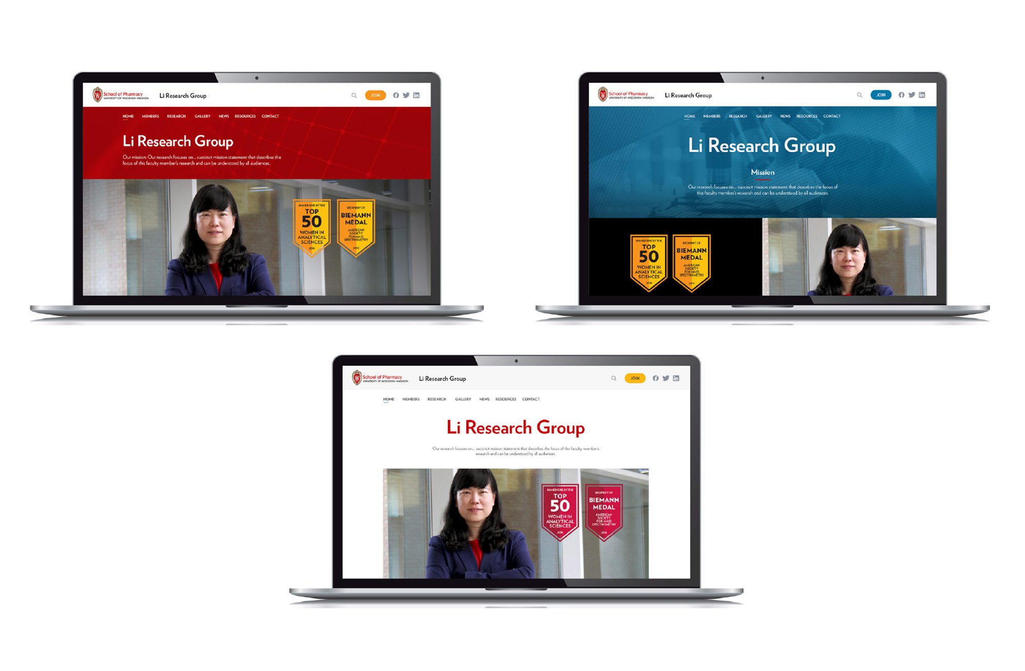 Three website themes for faculty at the University of Wisconsin–Madison School of Pharmacy displayed on laptop screens