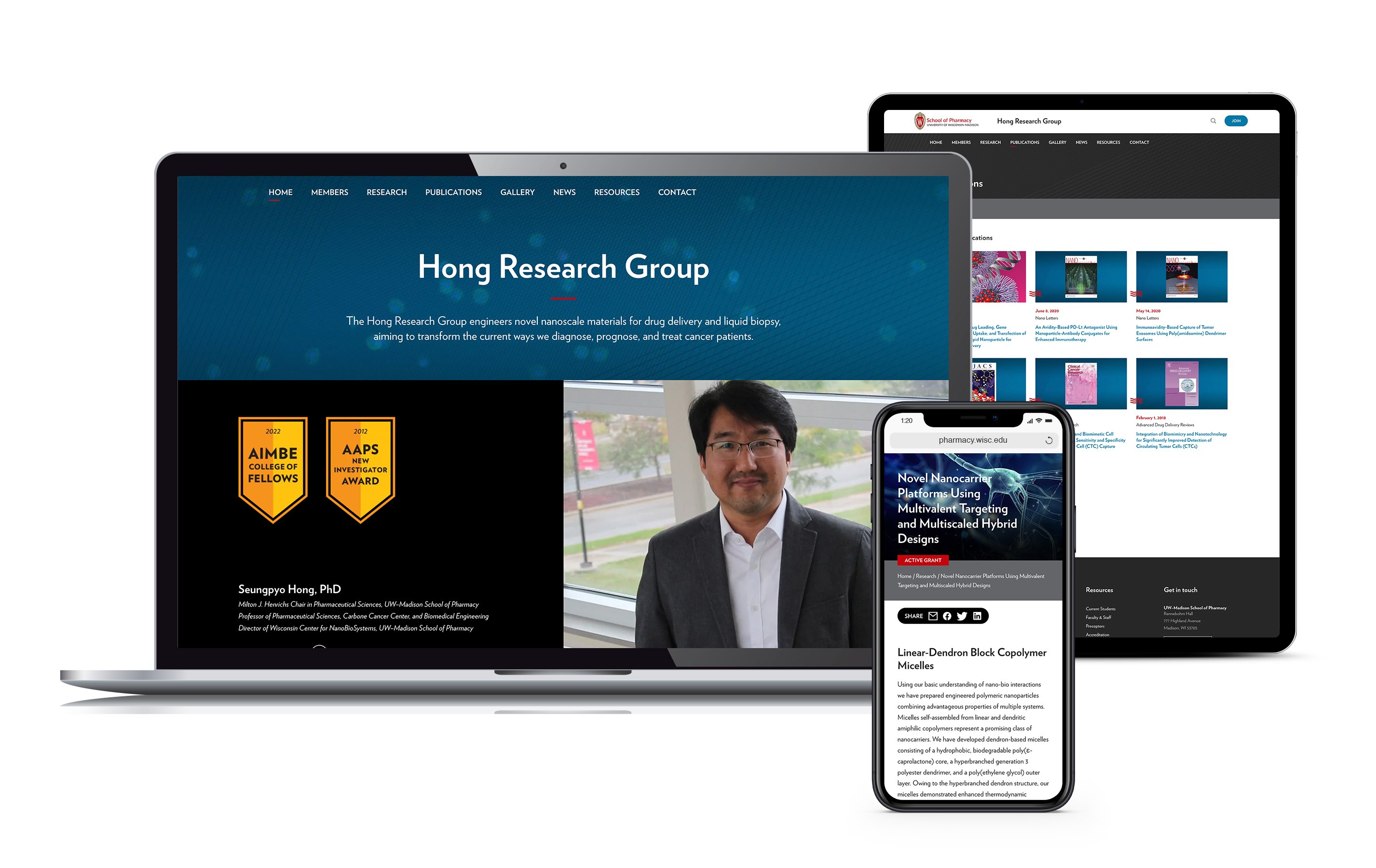 Website pages from the Hong Research Group at the UW–Madison School of Pharmacy displayed on laptop, tablet and phone screens