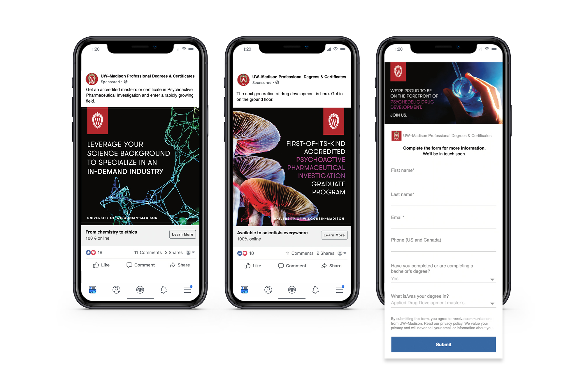 Three UW–Madison pharmaceutical sciences online graduate program digital ads on mobile phone screens