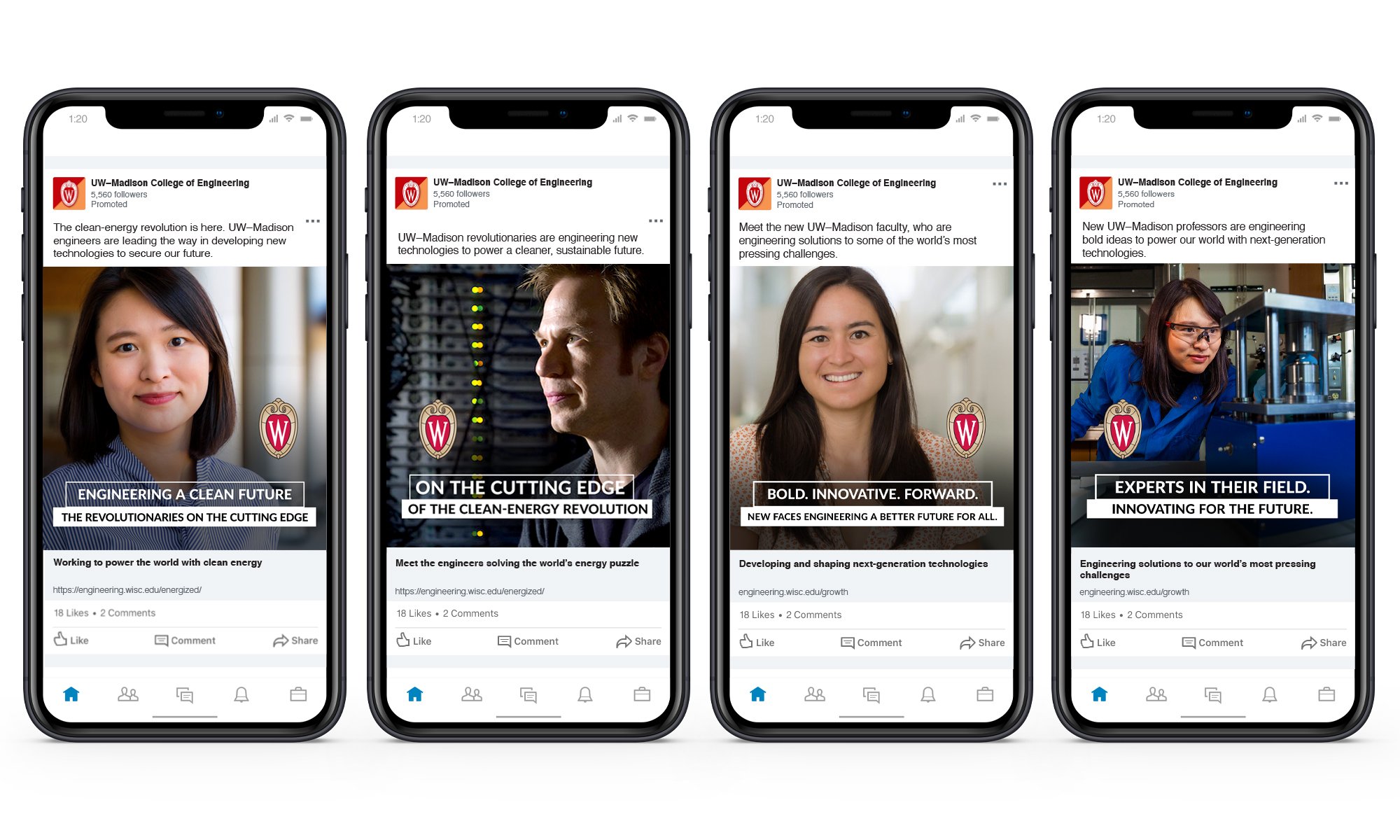 Series of four social media ads for UW–Madison’s College of Engineering communicating program benefits and URL for more information