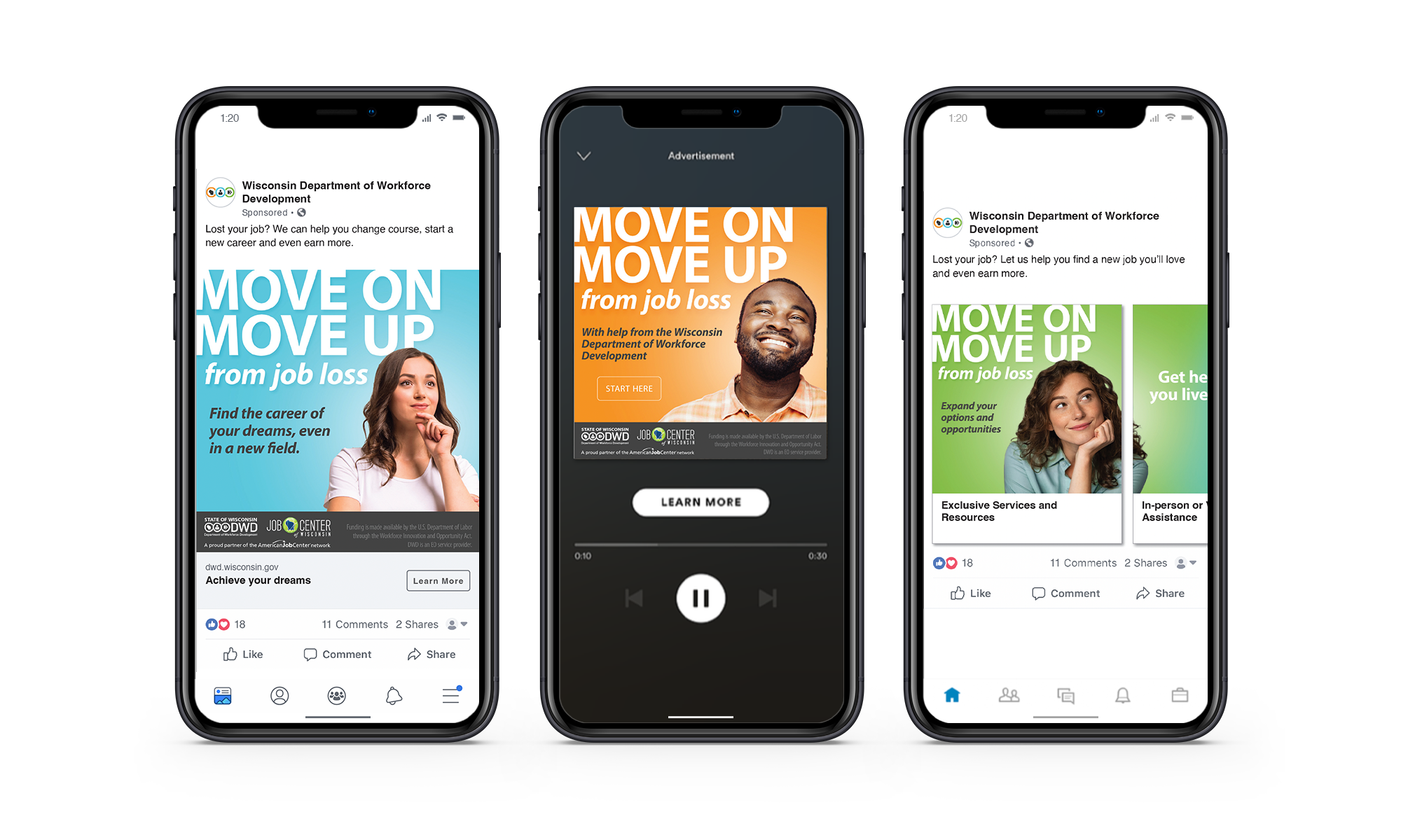 Three Wisconsin Department of Workforce Development ads with move on move up headline displayed on mobile phone screens