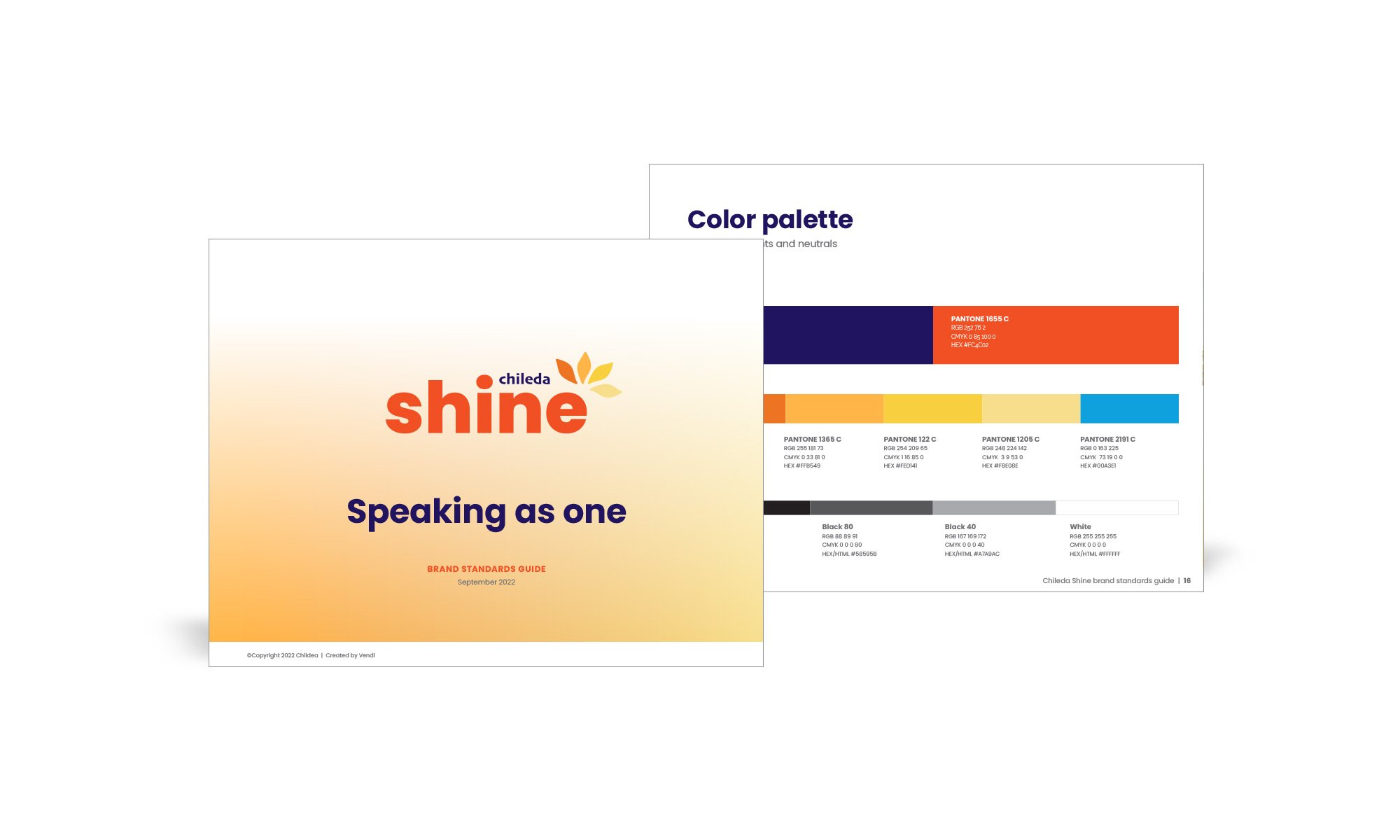 New Chileda Shine brand standards guide. Includes color palettes of bright oranges and blues
