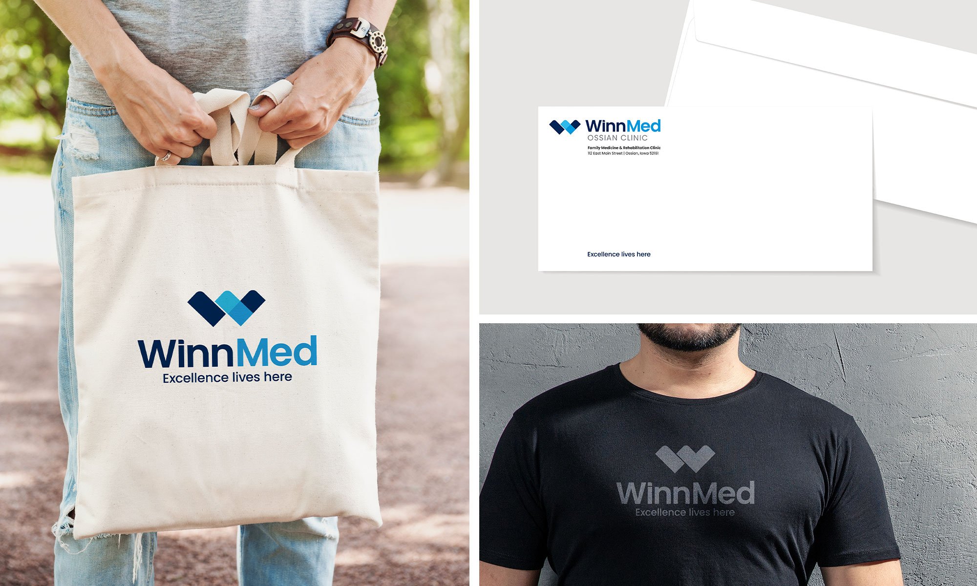 WinnMed branding on a tote bag, envelop, and a black tshirt with a gray WinnMed logo.