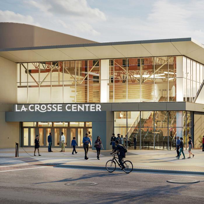 Full-color La Crosse Center signage mockup created by Vendi Advertising showing main exterior entrance 