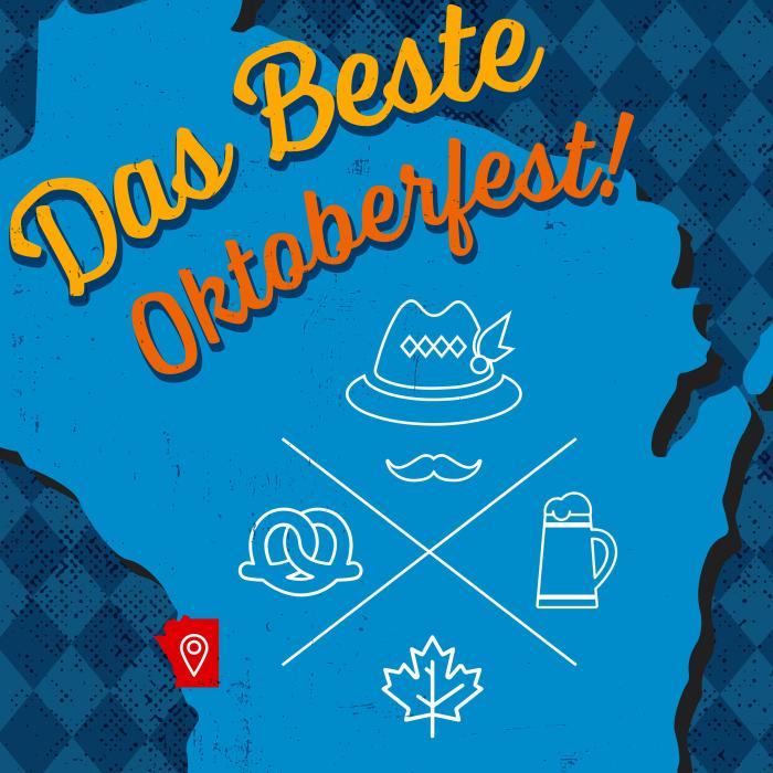 Oktoberfest USA logo with German Alpine hat, beer stein, maple leaf and pretzel, under tagline of Das Beste!, both by Vendi