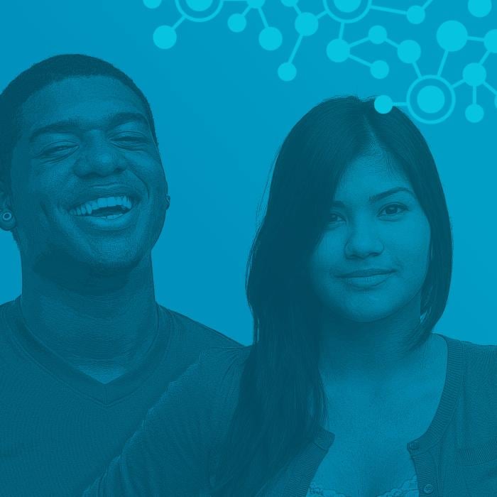 Smiling teenage male and female standing together with blue color wash and Better Together connection design at top right