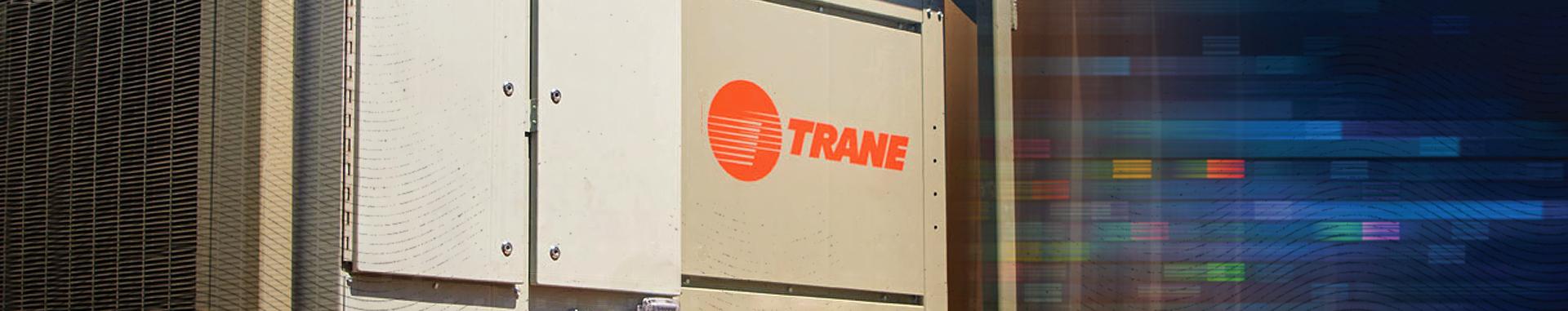 Four-color image of Trane equipment at left fades into primarily blue, yet multi-colored design at right based on Trane logo