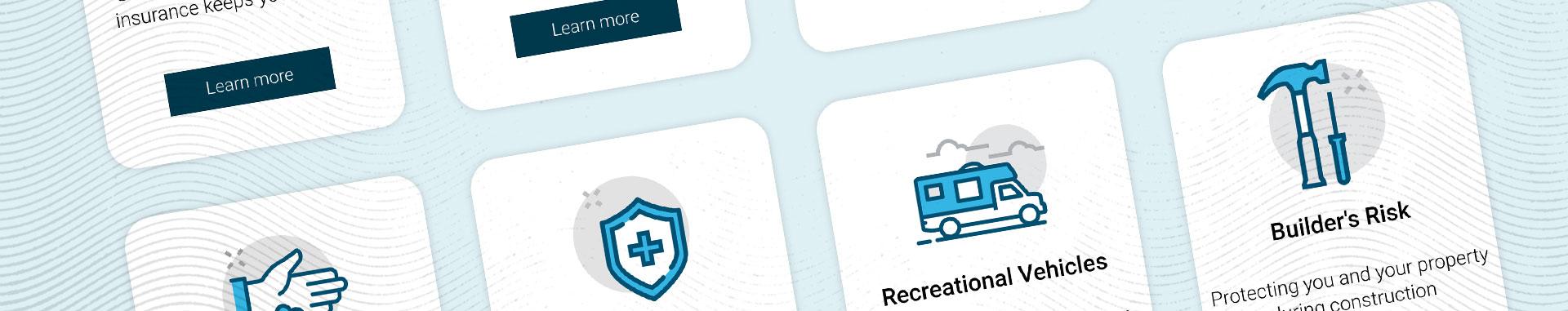Panoramic snapshot of cards with icons and learn more buttons from The Insurance Center website